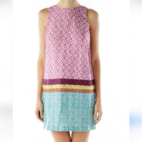 NWT LOFT 10 Linen Geometric Patterned Sleeveless Shift Dress Purple and Blue - Picture 1 of 9
